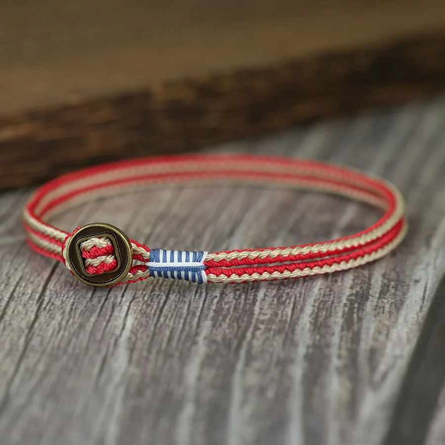 Handmade Metal Loop Clasp Easy Hook Thin Rope Braided Bracelet for Men Vintage Two Color Wrist Jewelry Homme Joias