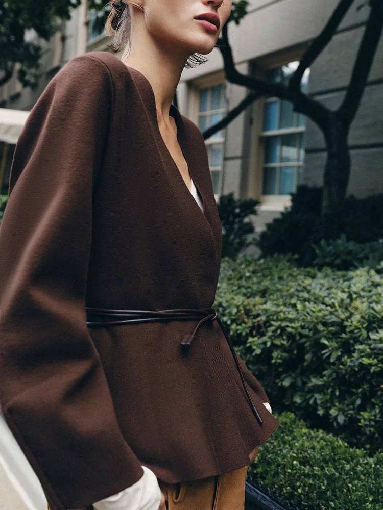 

Ele V-Ne Long Sve вязаный кардиган с поясом, осеннее новое поступление, женский модный свободный крой для поездок на работу, обычная длина