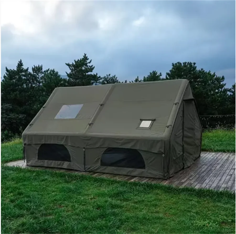#￥Green Oxford Double Layer 4 Season Large Size Waterproof Portable Cotton Outdoor Inflatable Tent 2 Rooms for Camping Family