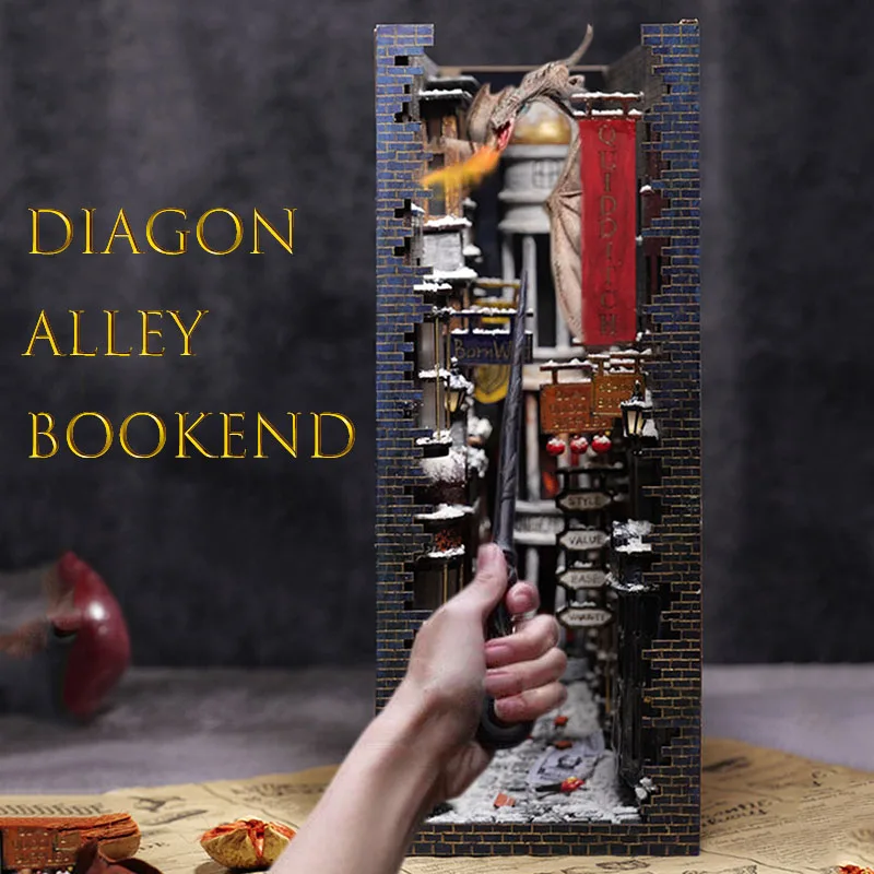 

DIY Wooden Book Nook Diagon Alley Bookend Bookshelf Insert Bookcase Decor With Light Kit Dollhouse Toy Children Birthday Gift