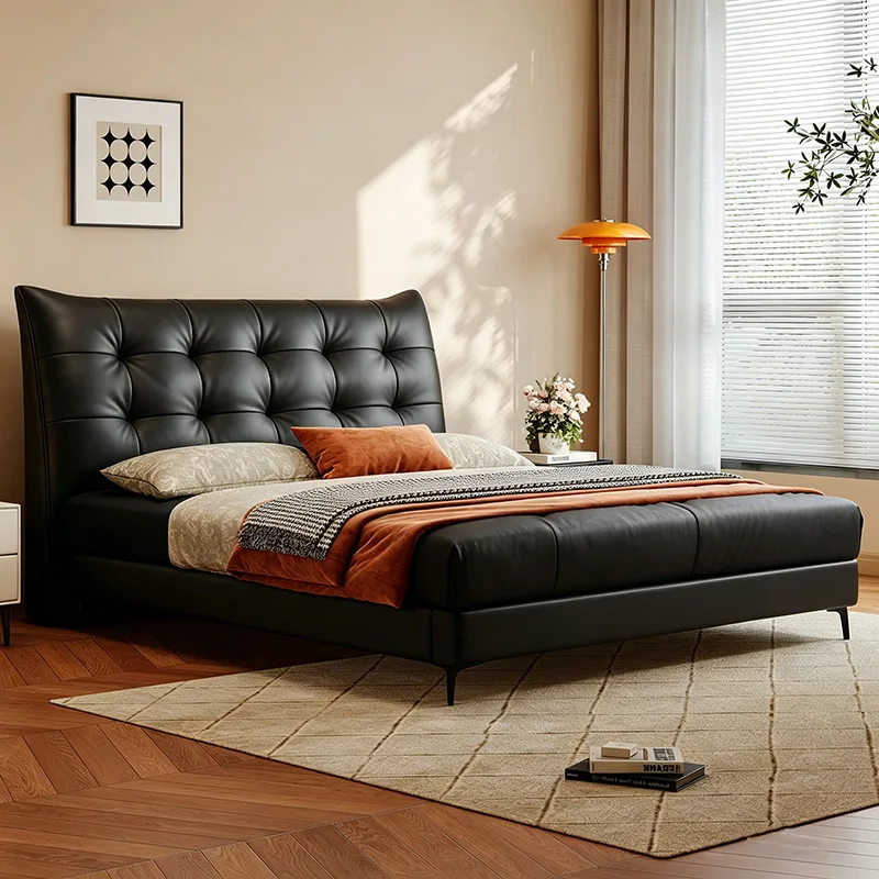 Medieval cream wind first layer cowhide double master bedroom bed small apartment soft bag leather bed 2