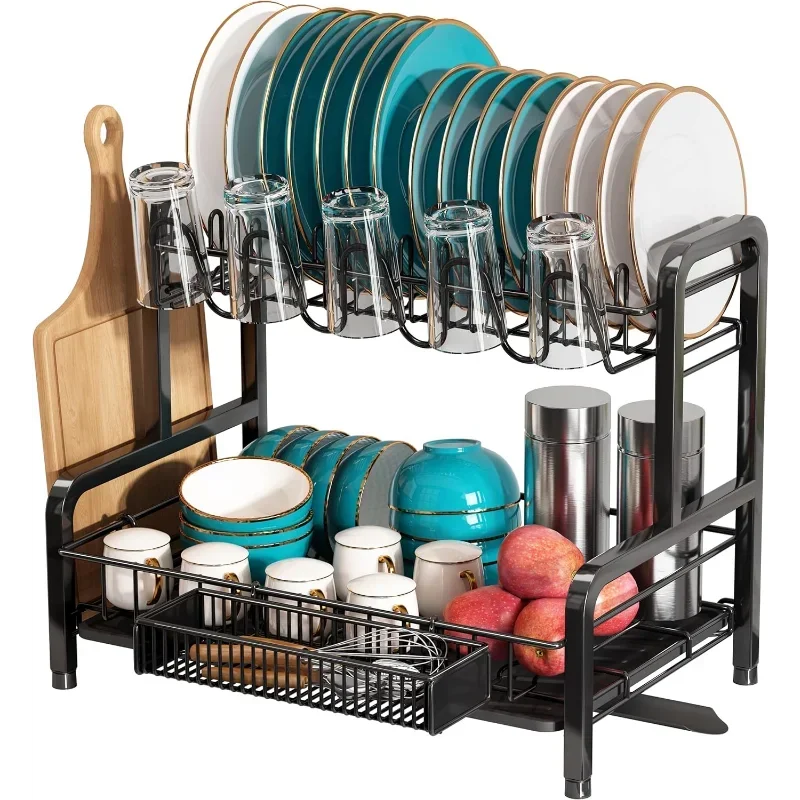 

romision Dish Drying Rack and Drainboard Set, 2 Tier Large Stainless Steel Sink Organizer Dish Racks with Cups Holder