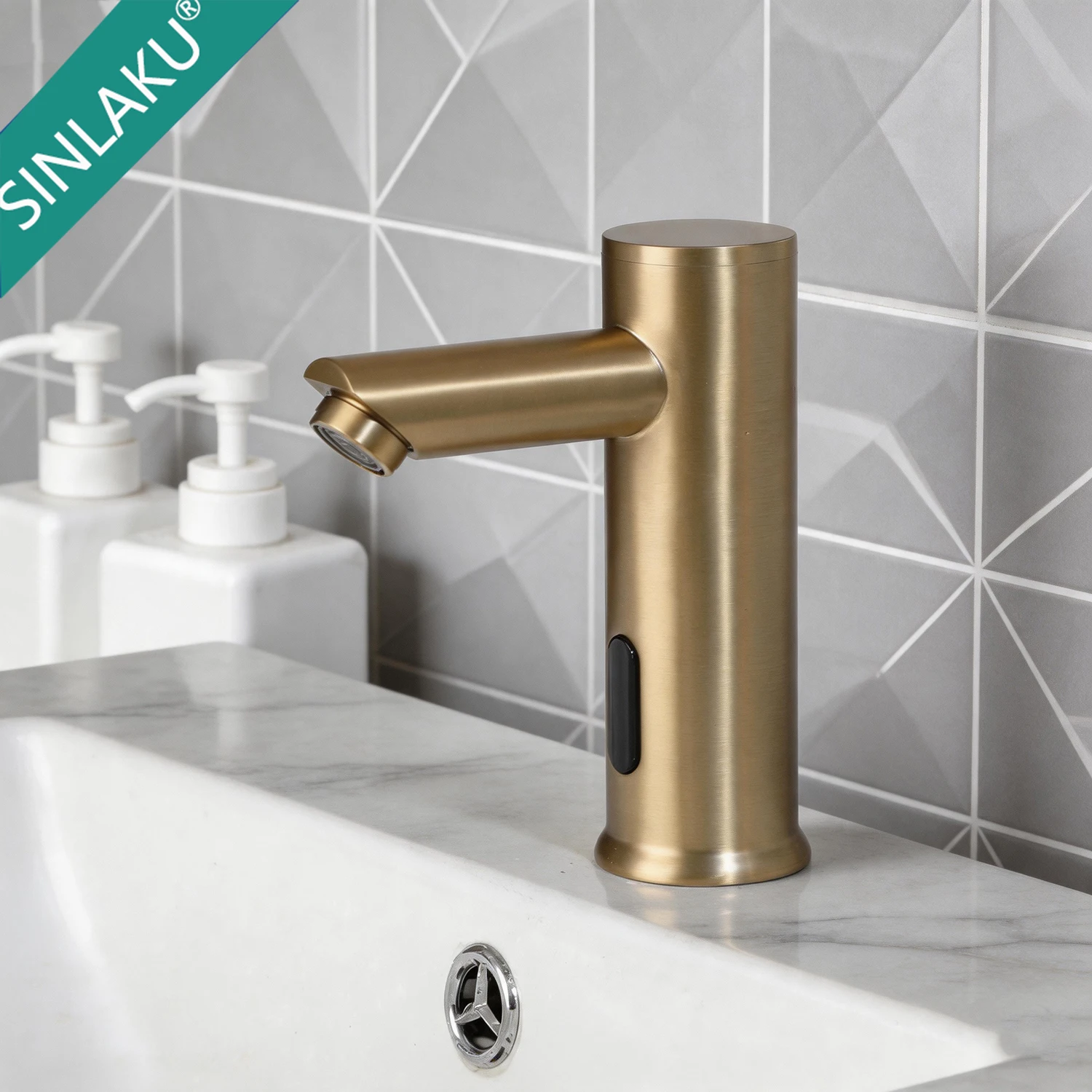 SINLAKU Touchless Automatic Sensor Bathroom Faucet Brushed Gold Vessel Sink Tap Hands-Free Smart Basin Mixer Infrared Sensor