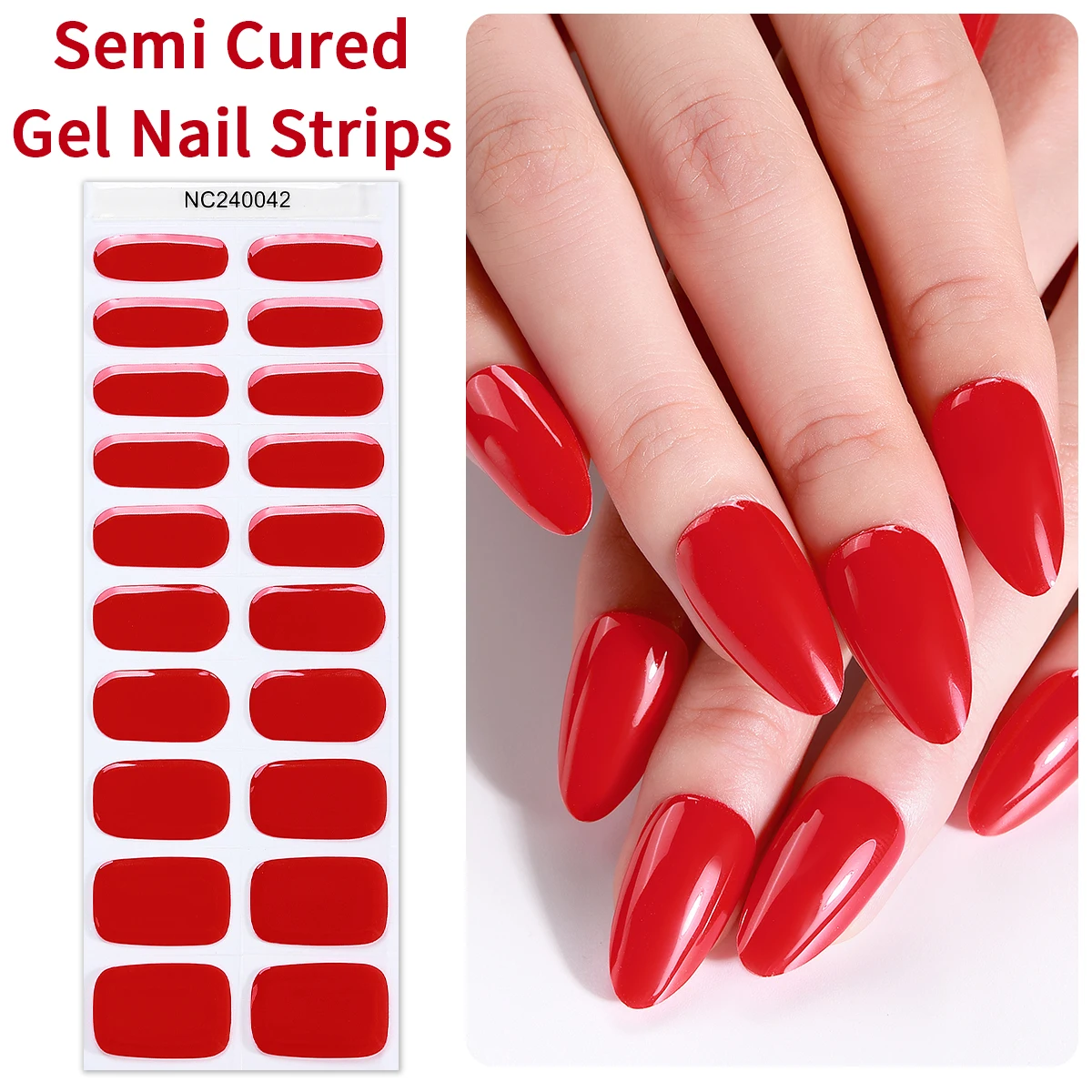 

20Tips Red White Black Semi-Cured Gel Nail Wraps French Solid Color UV Gel Nail Stickers for Women Self Adhesive DIY Manicure