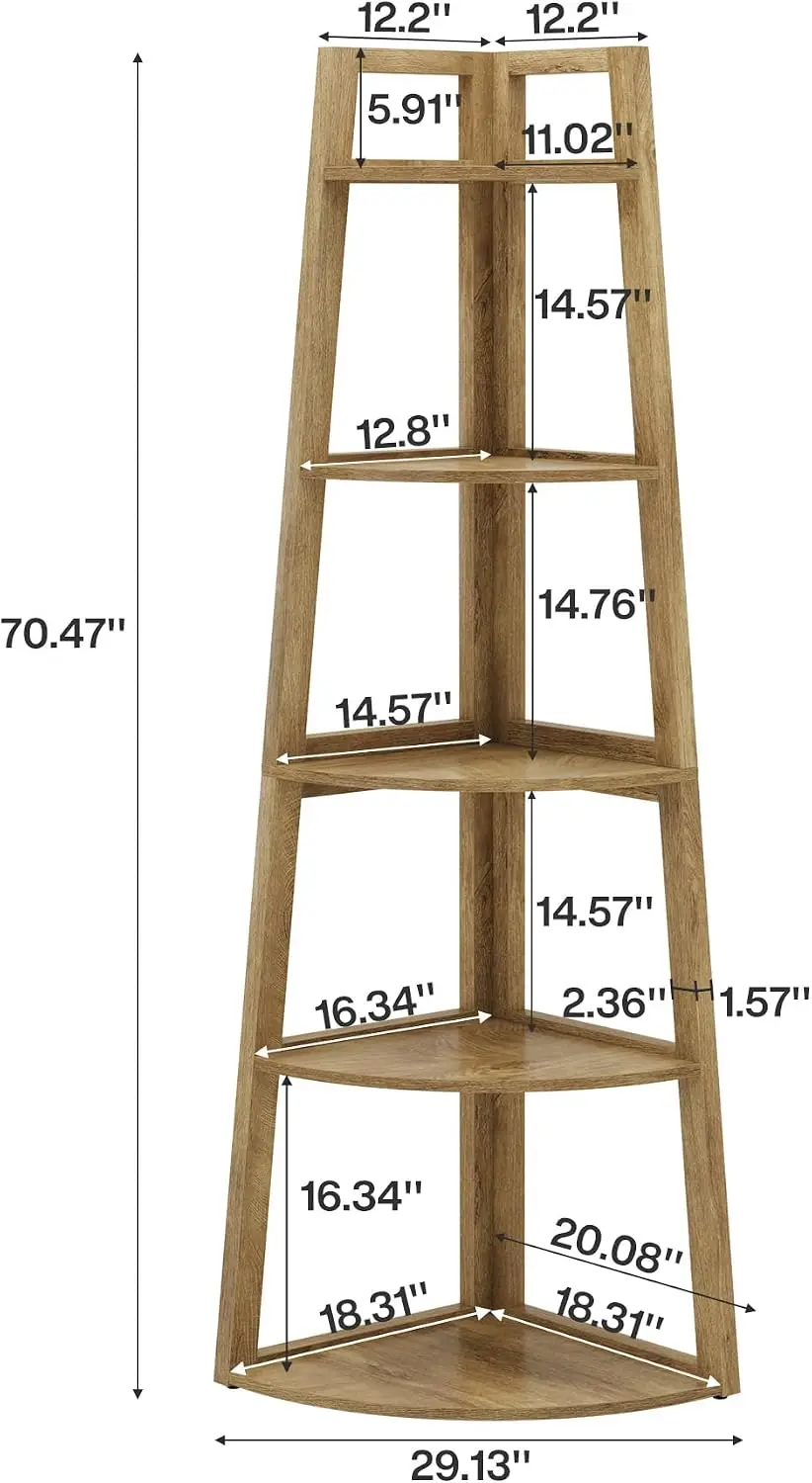 70 inch Tall Corner Shelf, 5 Tier Modern Corner Bookshelf Bookcase Industrial Corner Ladder Shelf Plant Stand, Customized