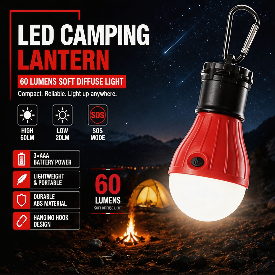  New Portable Camping Light Mini LED Bulb Emergency Lamp 3 Lighting Modes Outdoor Night Work Lights Tent Hanging Lamp with Hooks 