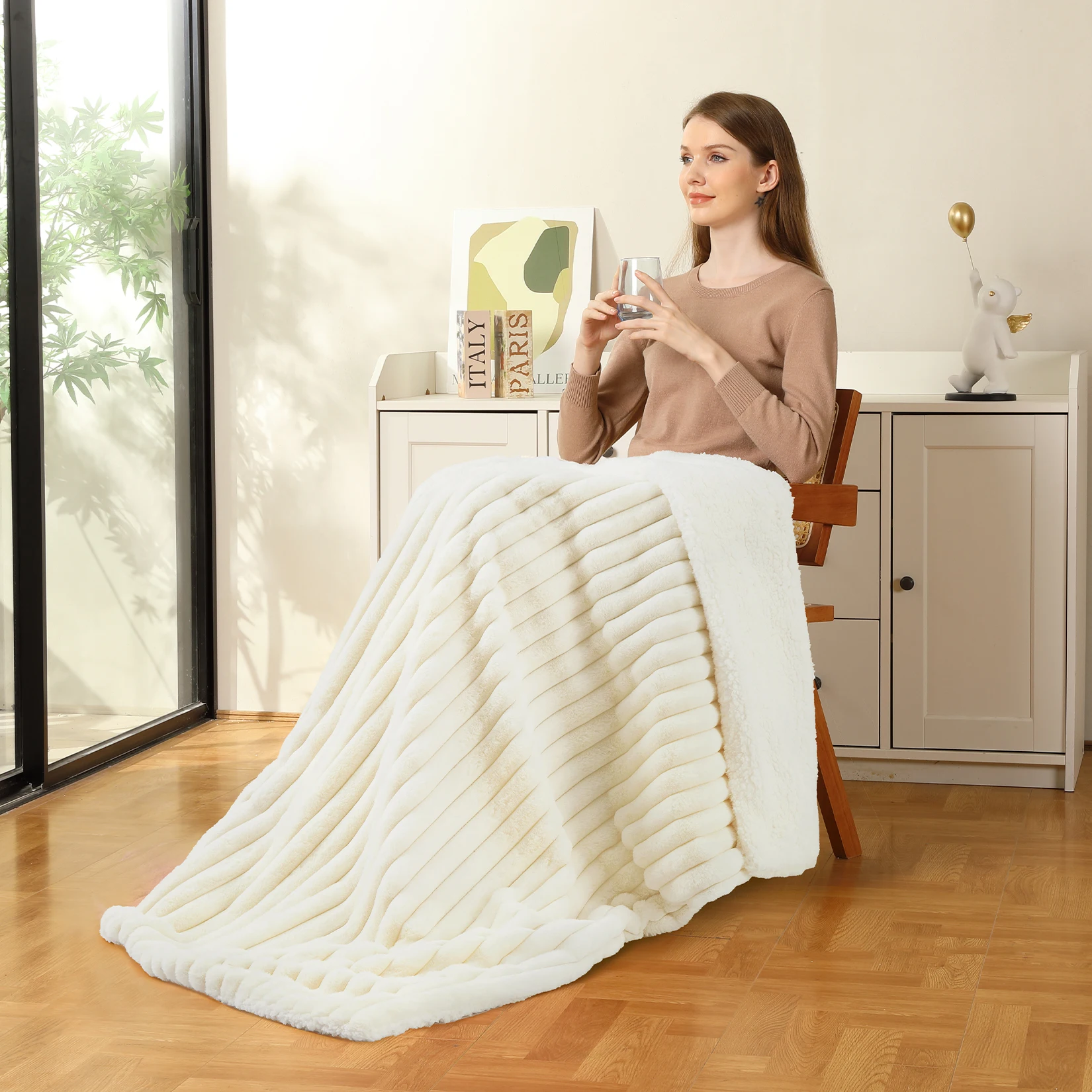 Heated Throw Blanket Ultra Soft Striped Faux Rabbit Fur Electric Blanket Throw 50