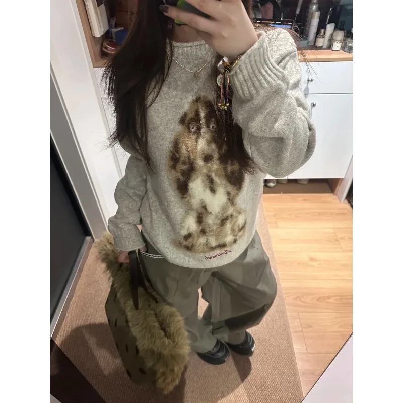 Japanese Casual Cute Puppy Jacquard Pattern O Neck Sweater Autumn Winter Retro Y2k Harajuku Loose Knit Sweater Jumpers