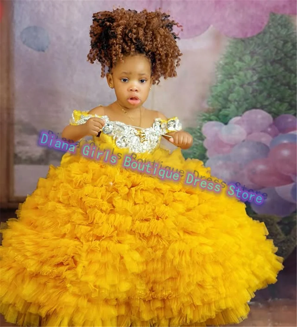 Luxury Quality Flower Girl Dress Yellow Tulle Fluffy Silver Applique Princess Little Baby Girls Birthday Party Evening Gowns