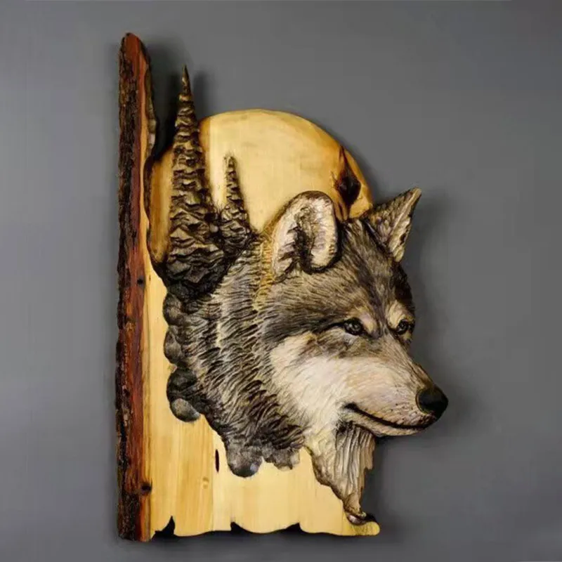 New Animal Carving Wood Handcraft Wall Hanging Living Room Decoration Home Accessories Sculpture Raccoon Bear Deer Hand Painted