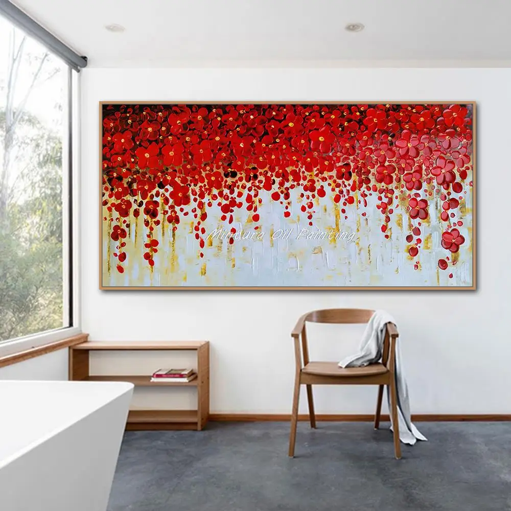 

Mintura,Handpainted Palette Knife Red Flower Oil Paintings on Canvas,Abstract Art,Wall Picture for Living Room Modern Home Decor