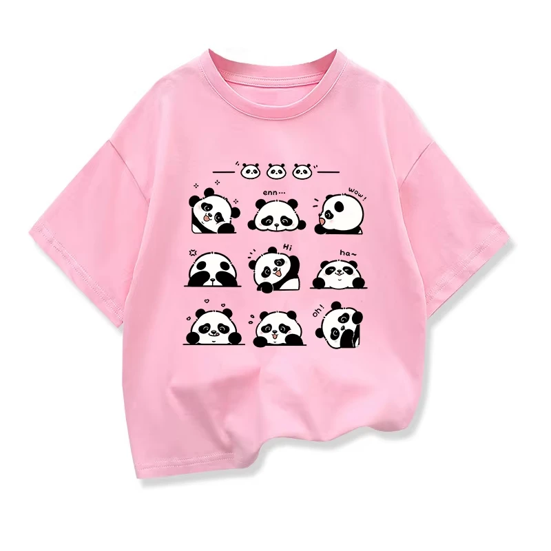 Panda Cartoon Print Fun Summer Children's Pure Cotton T-shirt Casual Cool Round Neck Short Sleeved Parent-child Outfit