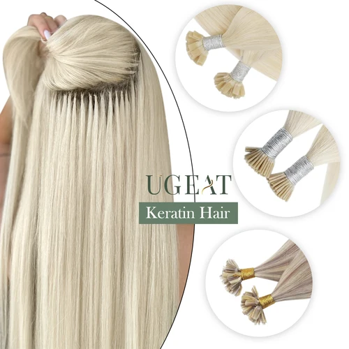 Ugeat-extensiones de cabello de queratina, cabello humano Remy Fushion, 14-22 "", 50 hebras por paquete, punta en U recta Natural, punta plana, cabello de Punta I