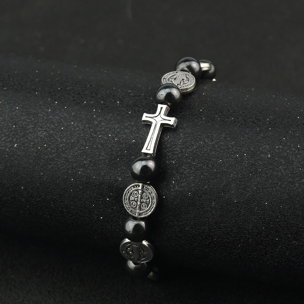 Catholic Rosary Bracelet St. Benedict Medal Cross Prayer Bracelets Hematite Beads Religion Jewelry Accessories image 4
