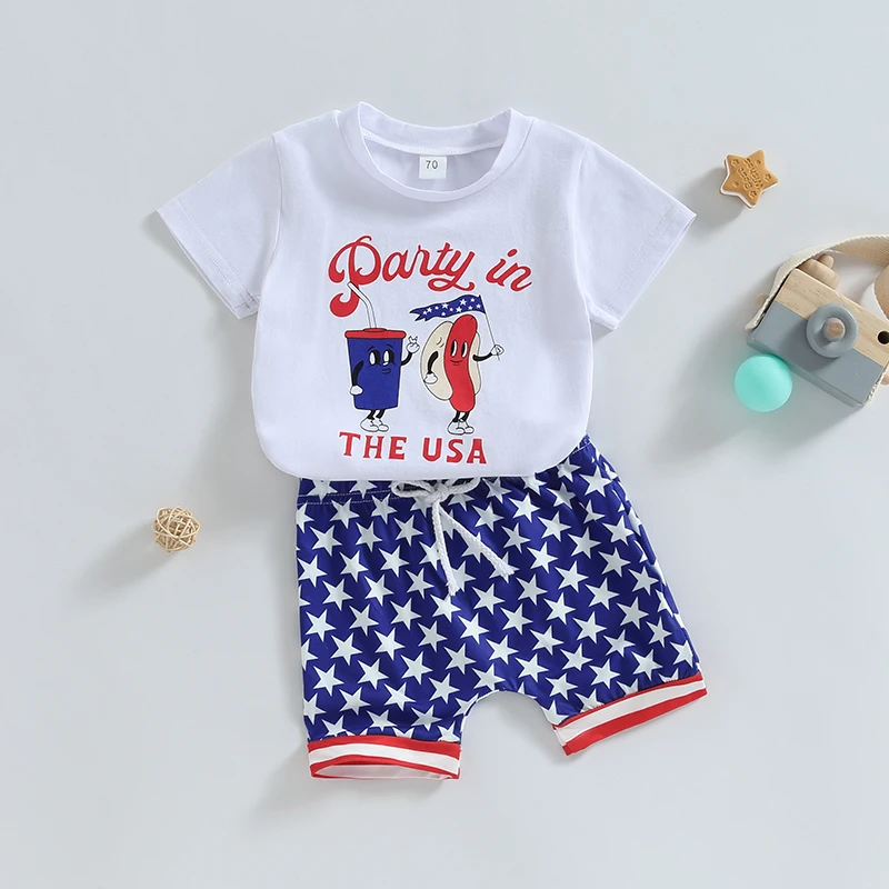 Toddler Boys Independence Day Clothing Patriotic American Flag Print Shirt Denim Shorts Set for 4th of July