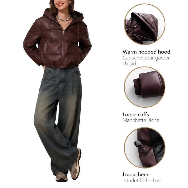 Pufferjack van kunstleer met capuchon en taille met trekkoord Gewatteerde korte stijl Warme en modieuze commuterjas Dameskleding