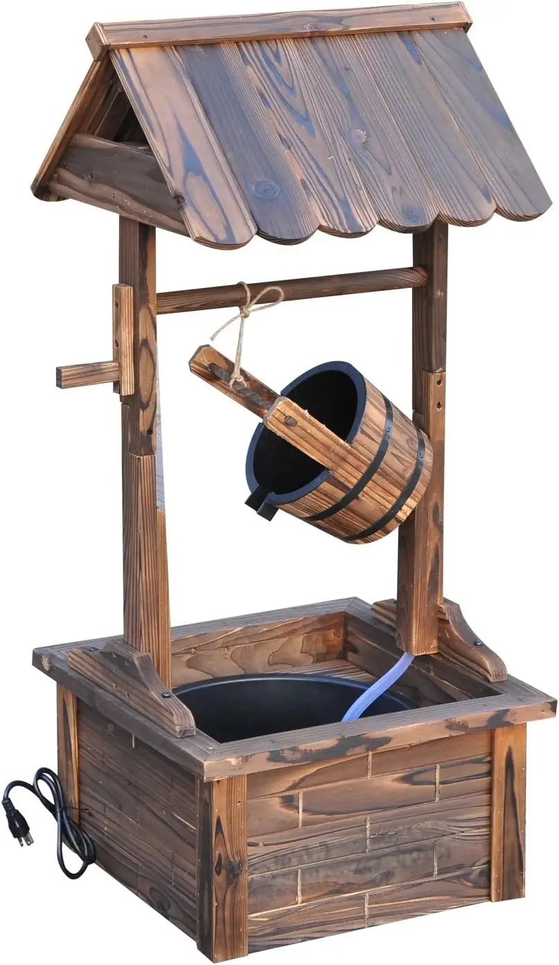

Outdoor Wooden Wishing Well Fountain with Adjustable Water Flow Rate, Outdoor Rustic Waterfall Fountain with Electric Pump