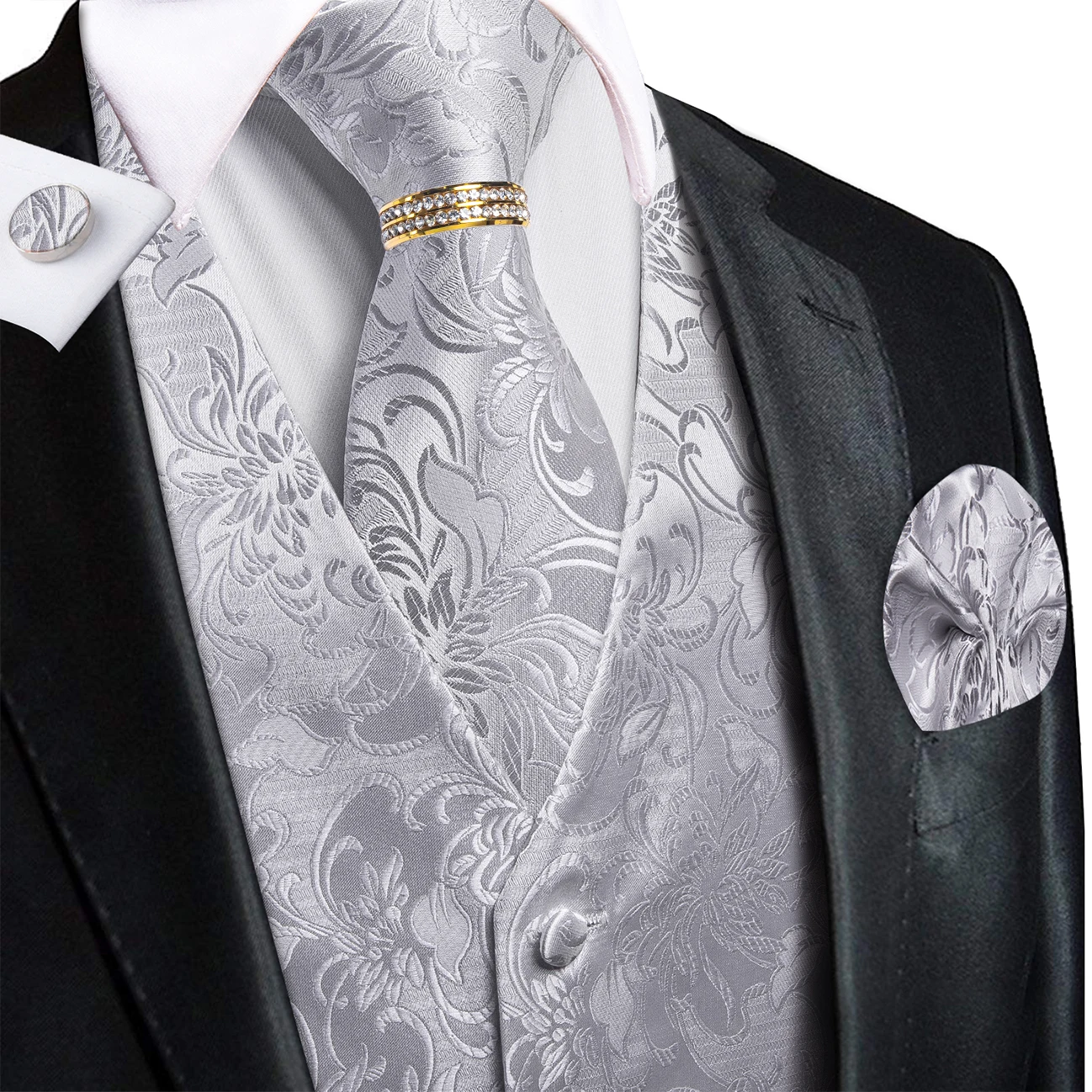 Silver Grey Floral Paisley V-Neck Vest Accessory Kit Tie Pocket Square Cufflinks Ring For Stage Performance Show