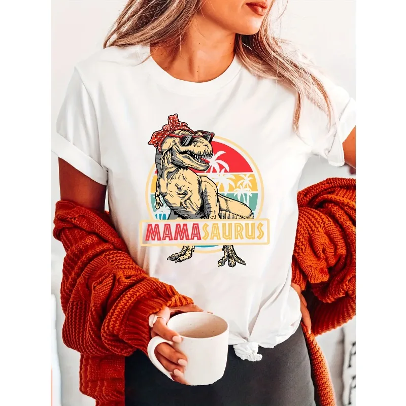 Mama Long Women's Black T-shirt Casual Round Neck Top with Fun Tyrannosaurus Rex Glasses Pattern and 
