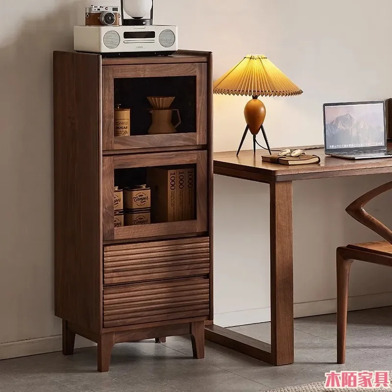 North American Black Walnut Solid Wood Side Cabinet Modern Simple Vertical TV Stand Short Bookcase for Small Apartment