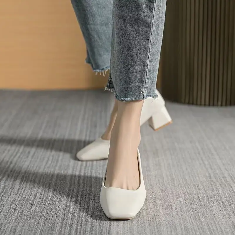 Ladies Summer Footwear Square Toe Shoes For Women 2024 With Medium Heels White Office Social Elegant Classy Fashion A Spring Y2k