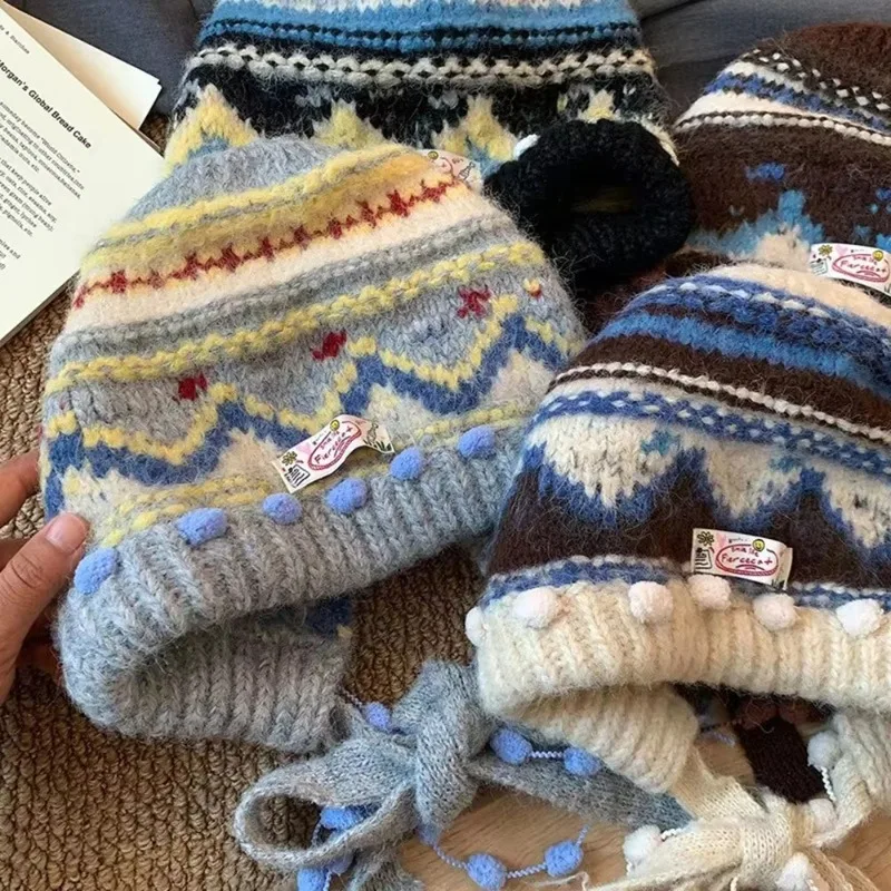 Retro Knit Pullover Hat Fair Isle Style Thickened Plush Beanie Winter Warm Striped Spliced Ear Protection Cold Resistant New Use