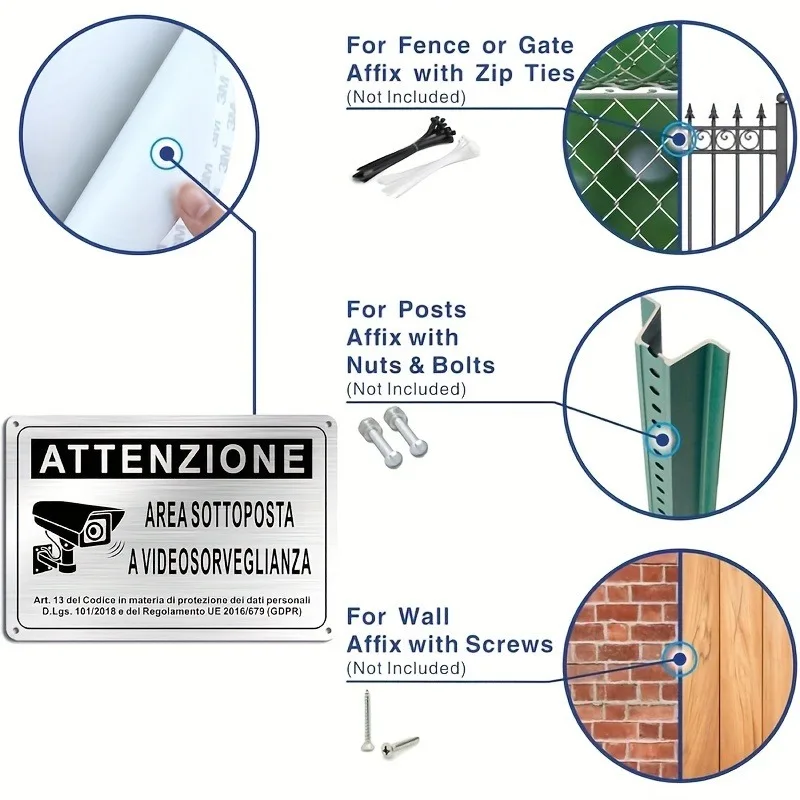 Italian Security Sign 20X30cm – Aluminum Video Surveillance Area Banner, Black & White Alert with Police Camera Ill view 3