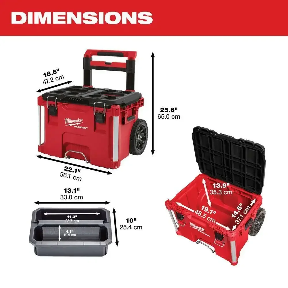 Milwaukee Packout Rolling Toolbox 22-Inch Lockable Liner Handle Resin Red- 48-22-8426