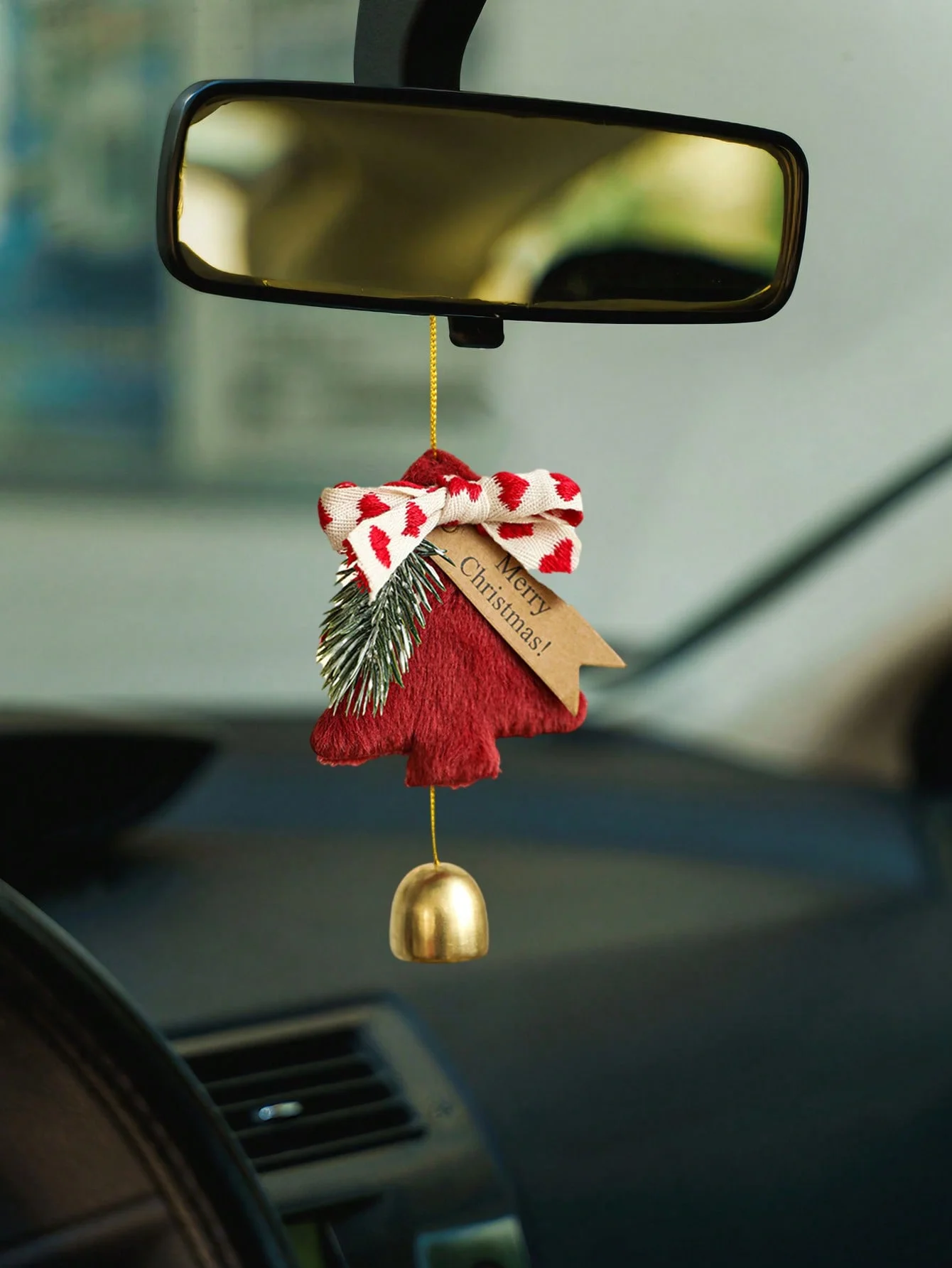 Festive Christmas Car Ornament, Plush Tree, Gold Bell & Bow, Cute Holiday Hanging Decoration, Car Rearview Mirror, Home, Door, P