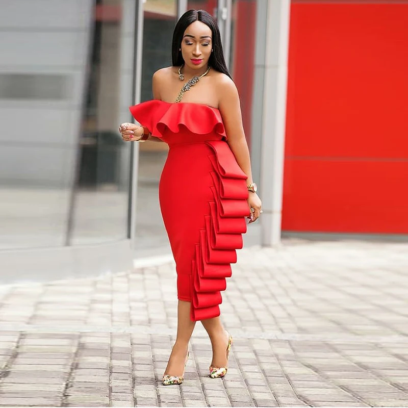 

Sexy Strapless Red Sheath Prom Dress Ruched Satin Aso Ebi Tea Length Short Evening Gowns African Women Cocktail Party Dress