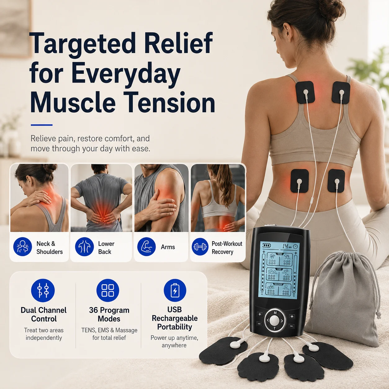 1pc-ems-筋肉刺激装置、ttens-ems-massag-3-in-1、パルスマッサージャー、a‑b-独立デュアルチャンネルマッサージ、時間制限付きケア