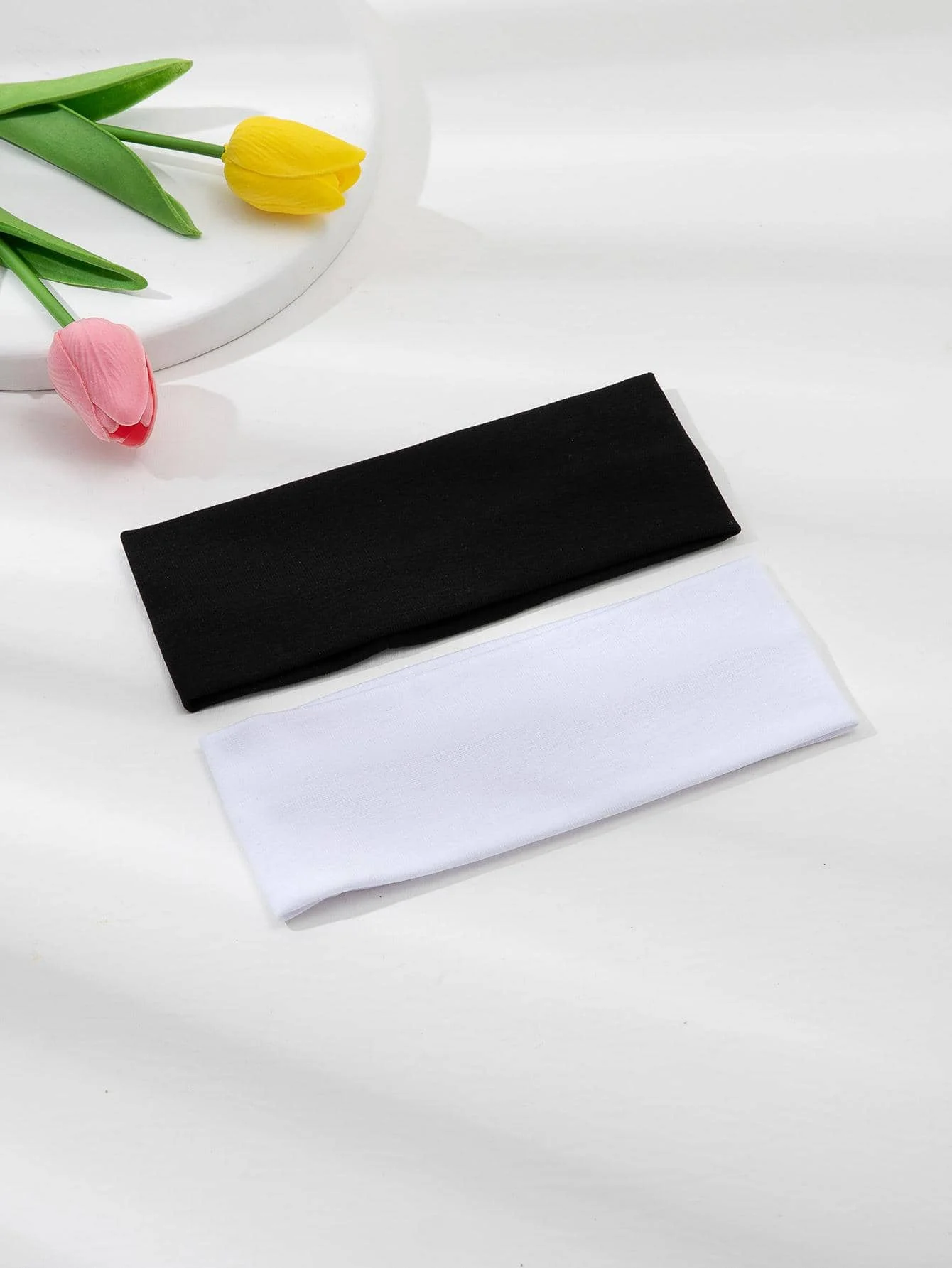 

2Pcs Fashion Knit Wide Headbands For Women Girls Solid Color Elastic Hairbands Running Cycling Hair Accessories Black White