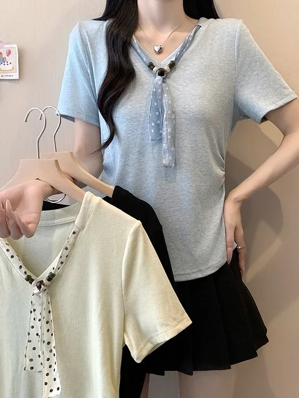 

plus Size Women's T-Shirt with Scarf Short Sleeve Polka Dot Slimming Waist Design Summer Fashion Korean Style Commute Wind