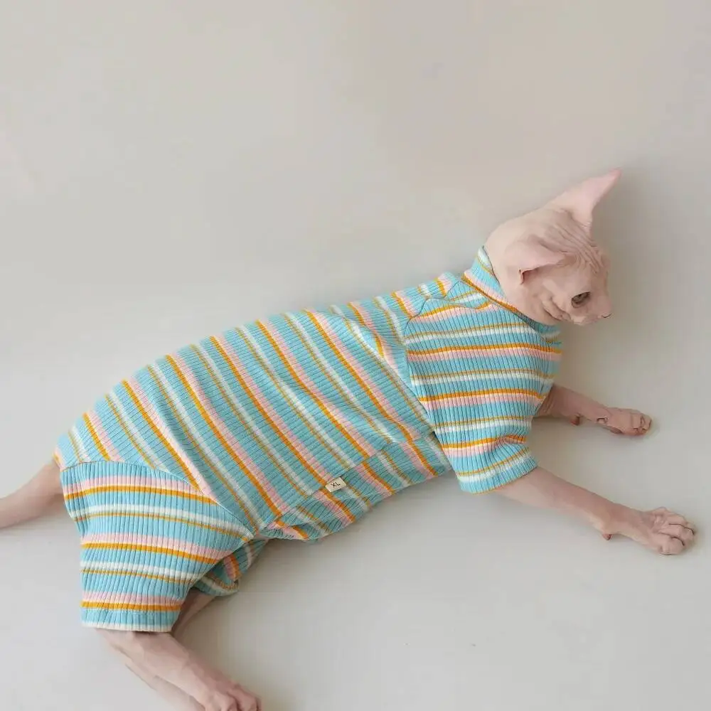 

4-Legged Striped Light Blue Cotton Coat Sphynx Cat Autumn Devon Rex Warm Winter Suit Soft Strentch Jumpuit For Kittens