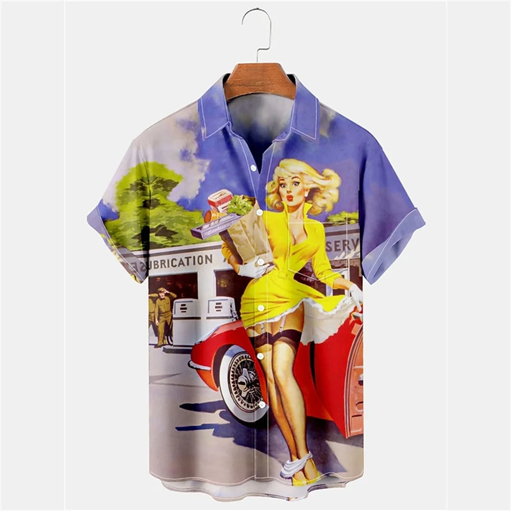 Retro Motorcycle 3d Print Sexy Girl Fashion Men's Shirt Summer Casual Fashion Short Sleeved Breathable Hawaiian Shirt Man Top