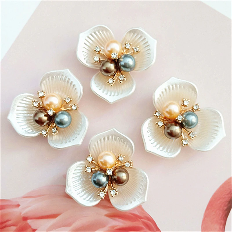 2PCS Flower Pearl Rhinestone Buttons Crafts Clothes Alloy Metal Sewing Button For Hair Accessories Brooch DIY Decoration