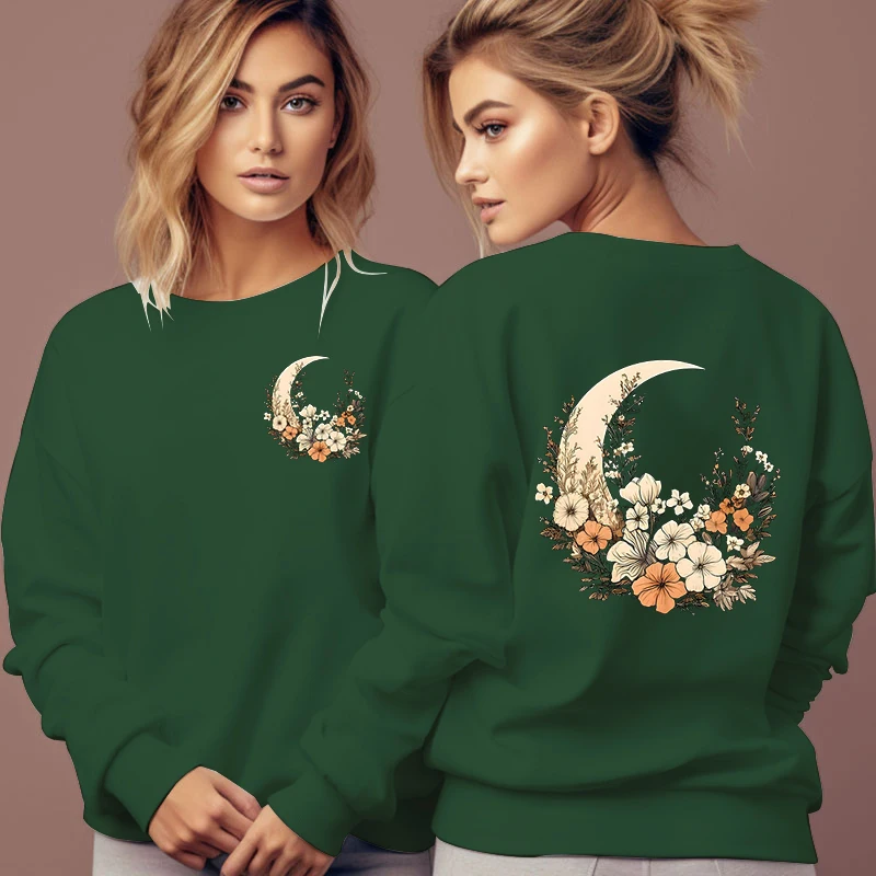 Flower and Moon Vintage Sweatshirts Women Wildflower Plant Style Tracksuit Long Sleeve Streetwear Female O-Neck Floral Hoodies