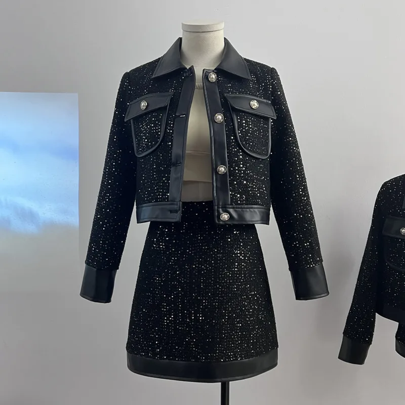 عالية الجودة الفرنسية خمر تويد قطعتين مجموعة المرأة سترة معطف + تنورة قصيرة الدعاوى Conjuntos Femininos فرقة 2 قطعة فام #3