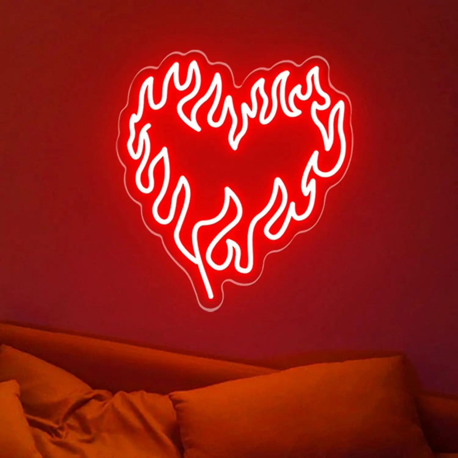 Heart Fire Neon Sign Cool Red Heart Fire Flame Shape LED Neon Light For Wall Decor Bedroom Birthday Gift Valentine\'s Day Party