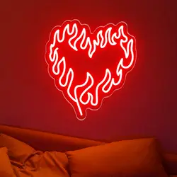 Heart Fire Neon Sign Cool Red Heart Fire Flame Shape LED Neon Light For Wall Decor Bedroom Birthday Gift Valentine's Day Party