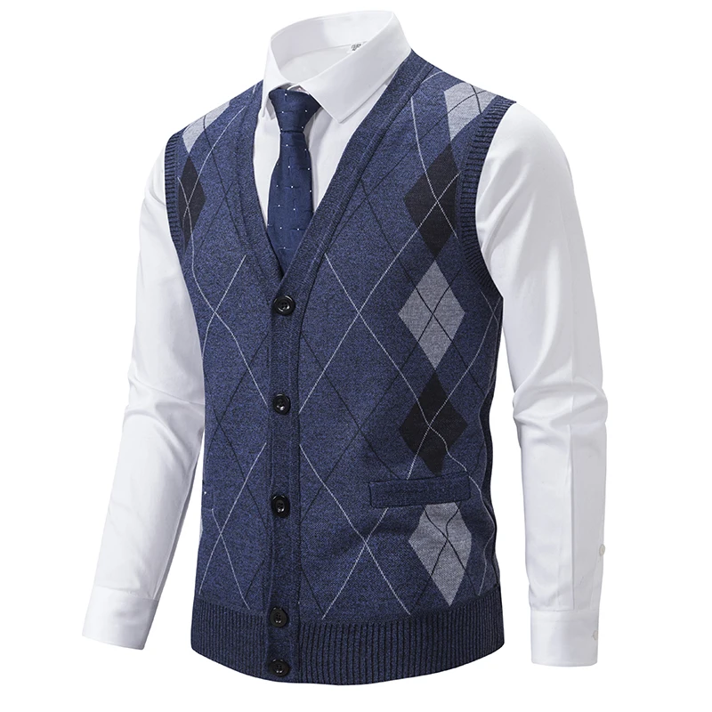 Spring Autumn Male Vest Sleeveless Sweater Fleece Warm  Knitted Jackets Checkered Business Casual Button Up Coat Men's Clothing