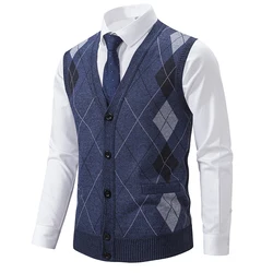 Spring Autumn Male Vest Sleeveless Sweater Fleece Warm Knitted Jackets Checkered Business Casual Button Up Coat Men's Clothing