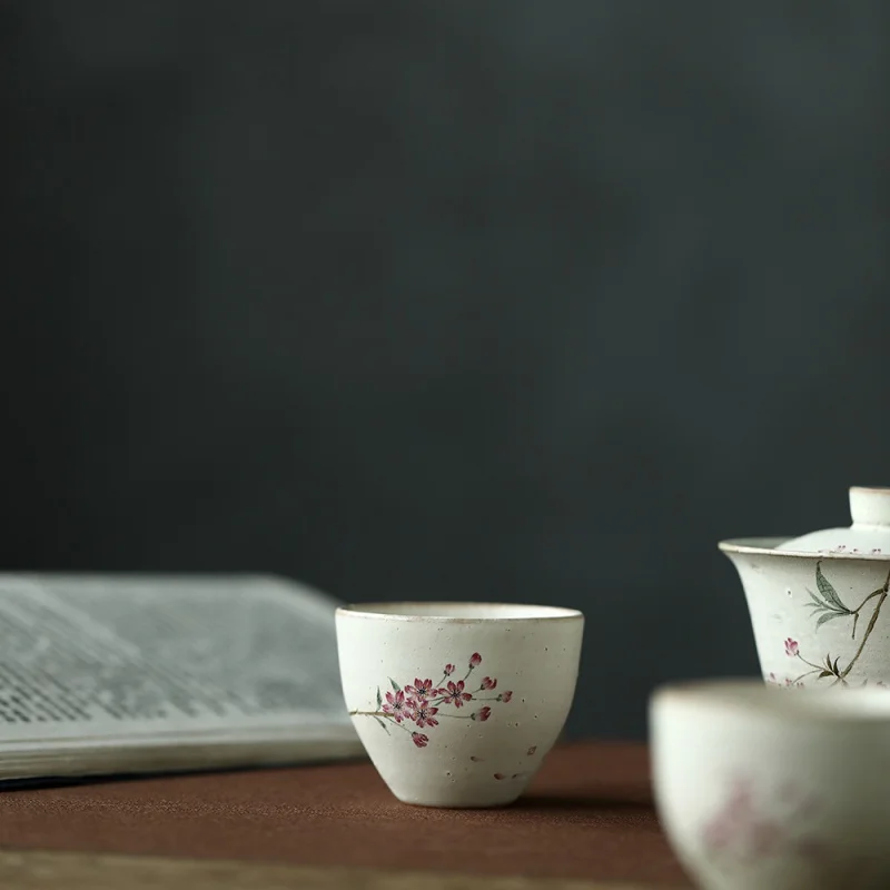 Jingdezhen Oriental Chinese Style Powder Drawing Series Glaze Hand Painted Cherry-Pottery Porcelain Tea Set Tea Cup Master Cup T