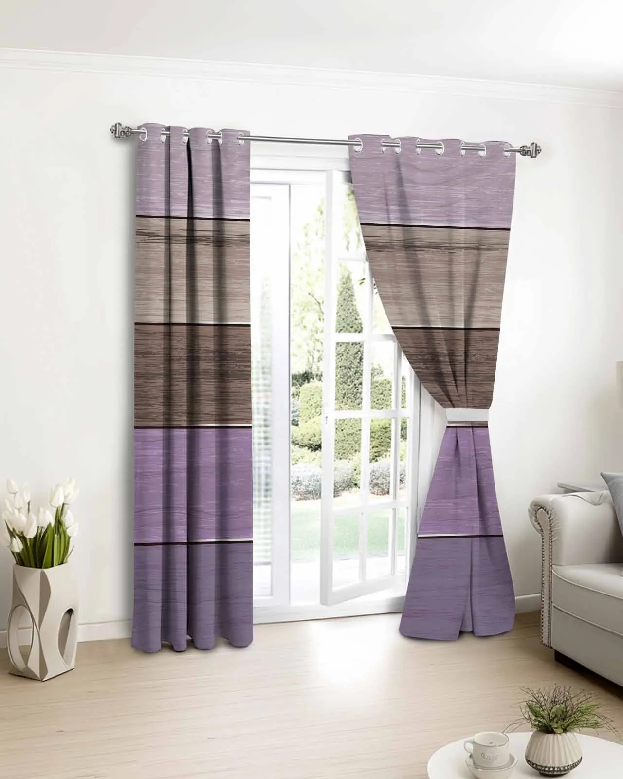 

2pcs, 1 panel Vintage Farmhouse Purple Wood Grain Polyester Window Curtains For Living Room Kitchen Bedroom Drapes