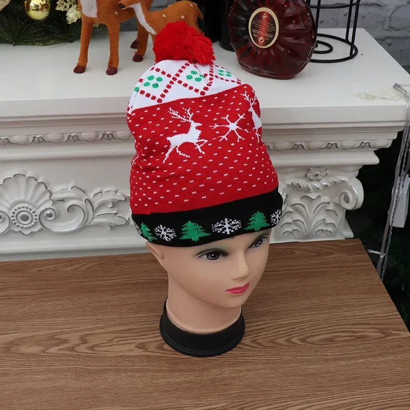 Christmas Hats With LED Light Cartoon Santa Claus Snowman Elk Knitted Xmas Soft Hat Noel Merry Christma Decoration New Year Gift