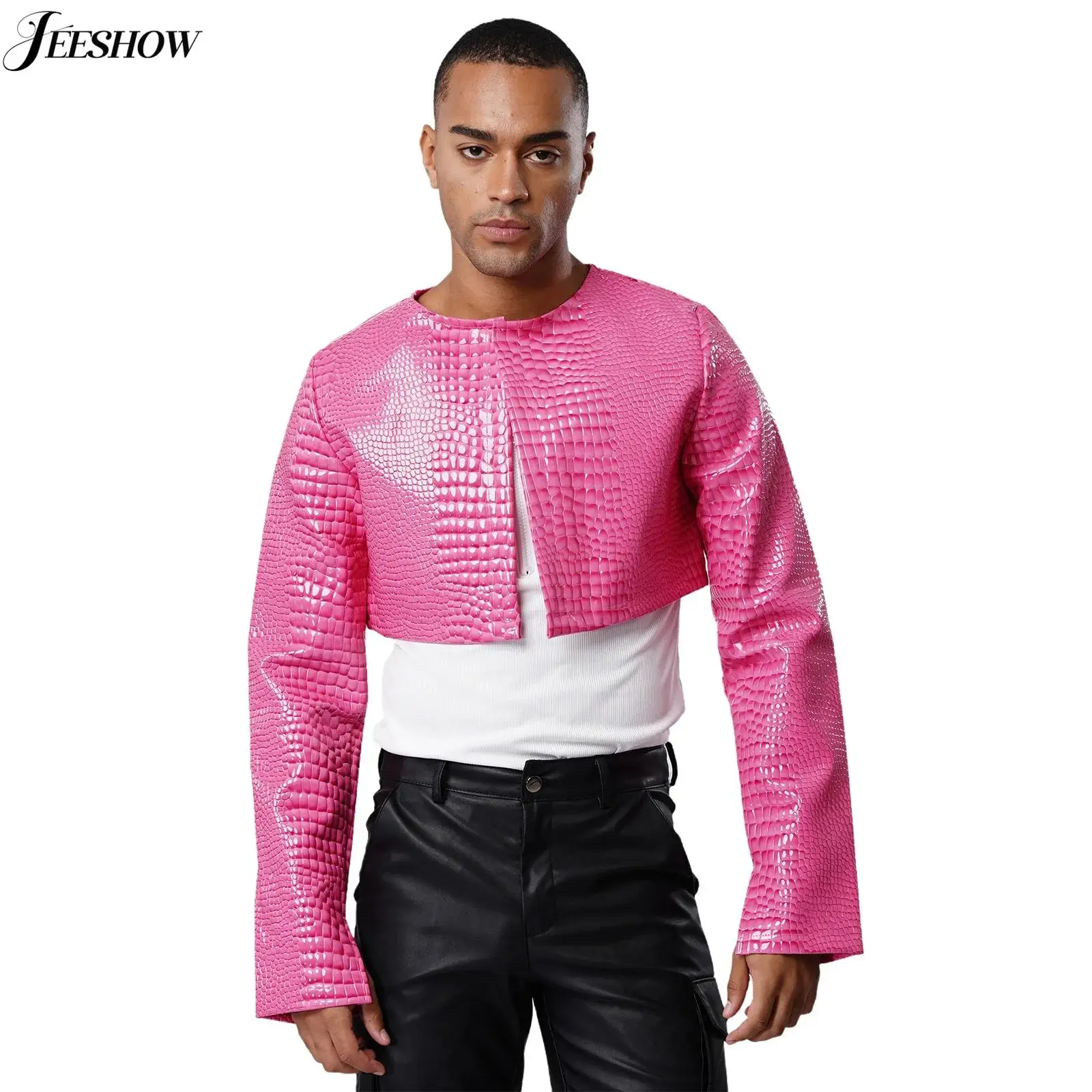 رجل جلد الثعبان النقش فو الجلود اقتصاص سترة طويلة الأكمام مفتوحة الجبهة دراجة نارية سترة مهرجان الهذيان ملابس خارجية للحفلات