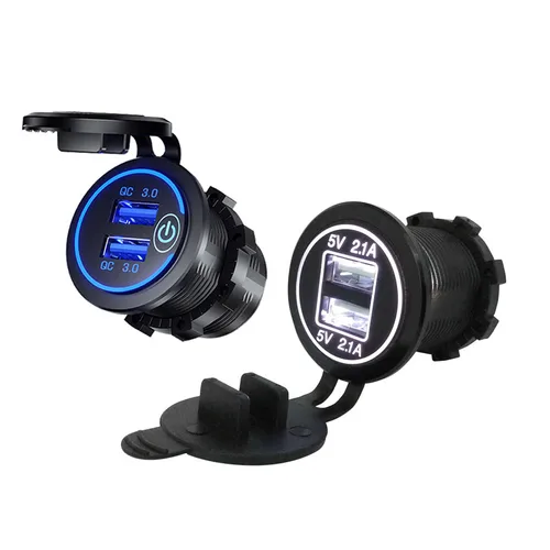 Toma de carga rápida USB 3,0, cargador de 12V a 5V 12-24V, adaptador de cargador de doble conector para motocicleta, luz de alimentación de salida con lámpara LED