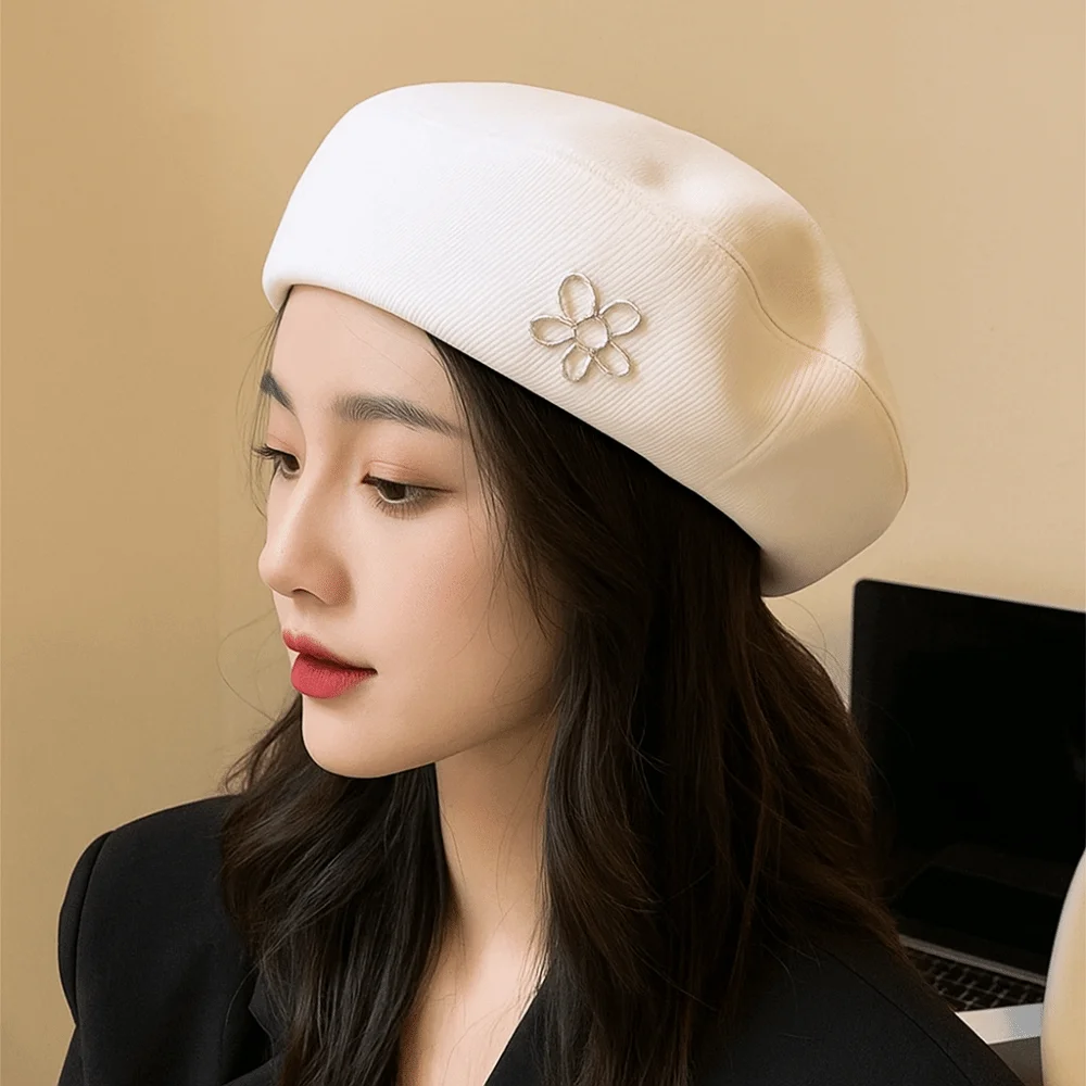 

Comfortable Flower Women Berets Big Head Circumference Keep Warm British Painter Caps Elastic Solid Color Artist Hat Autumn