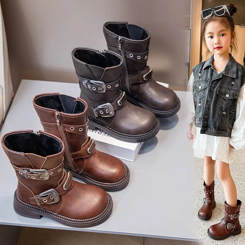 2026 Kids Brown Ankle Boots Western Knight Look with Metallic Trim Comfortable Short Boots for Boys Girls Daily Outdoor Wear​