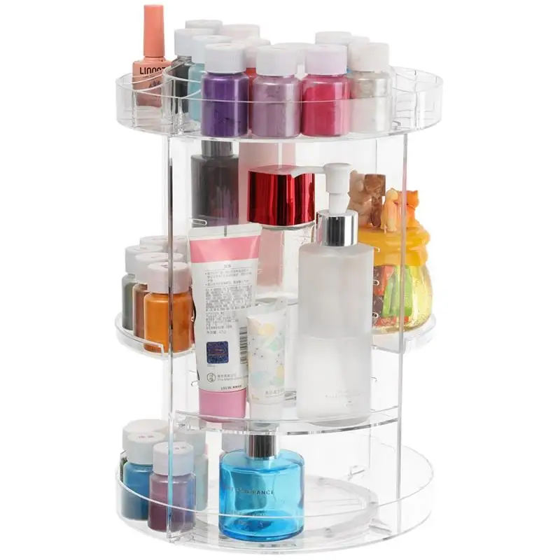 360° Rotating Makeup Organizer Acrylic Makeup Spinning Holder Adjustable Bathroom Cosmetic Storage Rack 4 Trays Makeup Caddy